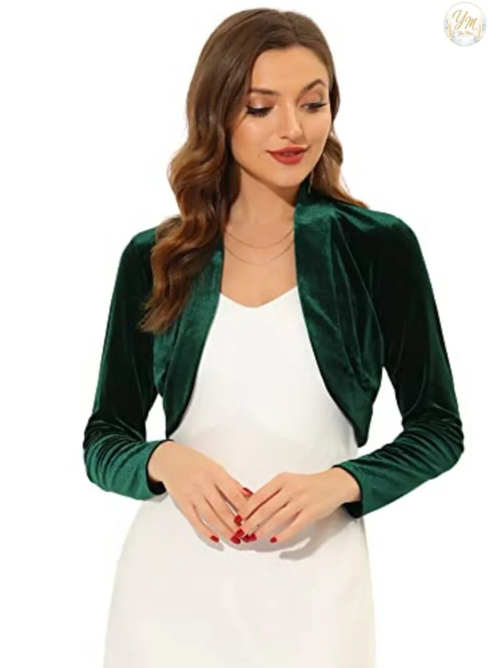 Velvet Open Front Cropped Bolero Cardigan Long Sleeve Shawl Neck Shrug